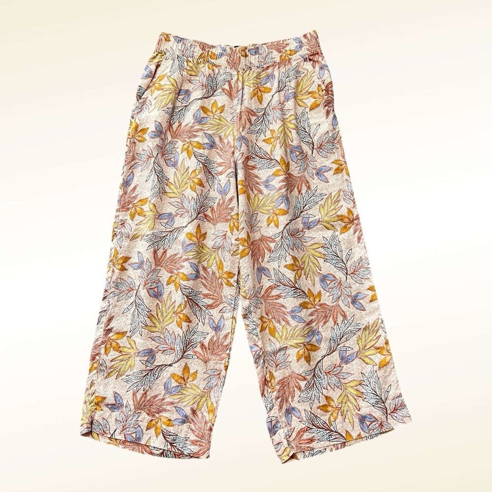 Nicole Miller Leaf Print Wide Leg Linen Pants Size Large Cropped Elastic Waist